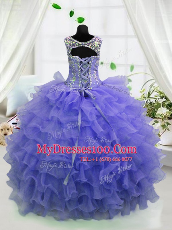 Lavender Organza Lace Up Scoop Sleeveless Floor Length Flower Girl Dresses for Less Beading and Ruffled Layers