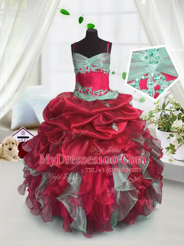 Red Spaghetti Straps Lace Up Beading and Ruffles Kids Pageant Dress Sleeveless