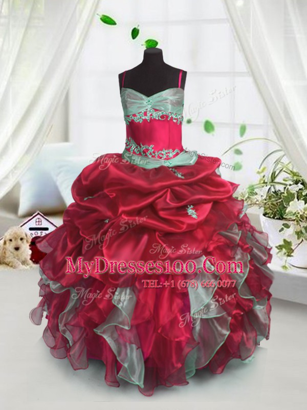 Red Spaghetti Straps Lace Up Beading and Ruffles Kids Pageant Dress Sleeveless