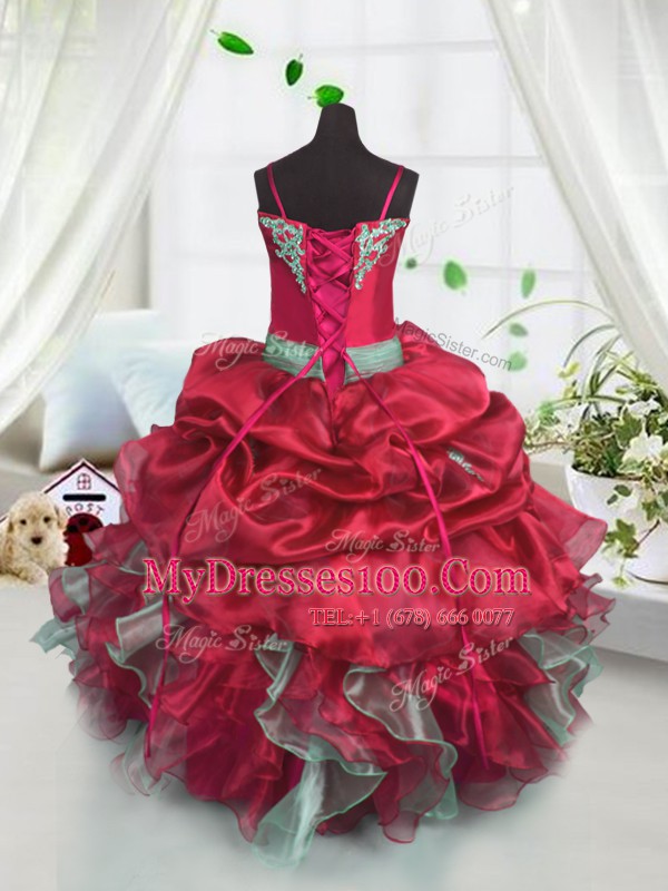 Red Spaghetti Straps Lace Up Beading and Ruffles Kids Pageant Dress Sleeveless