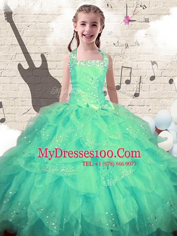 Halter Top Floor Length Lace Up Pageant Gowns For Girls Turquoise for Party and Wedding Party with Beading and Ruffles