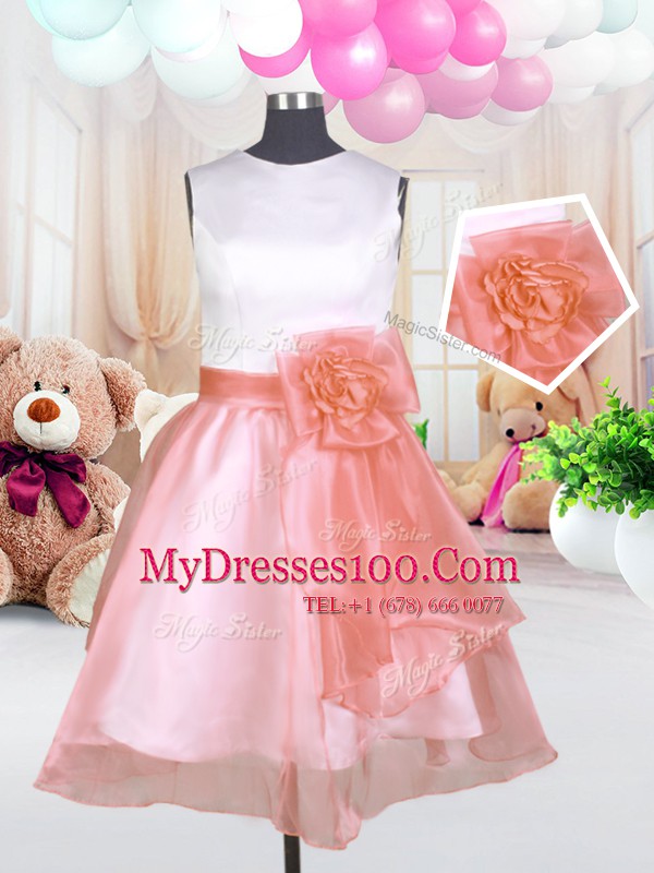 Scoop Baby Pink Organza Zipper Pageant Gowns For Girls Sleeveless Knee Length Hand Made Flower