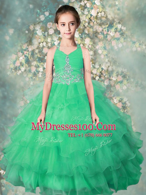 Amazing Halter Top Sleeveless Zipper Flower Girl Dress Teal Organza