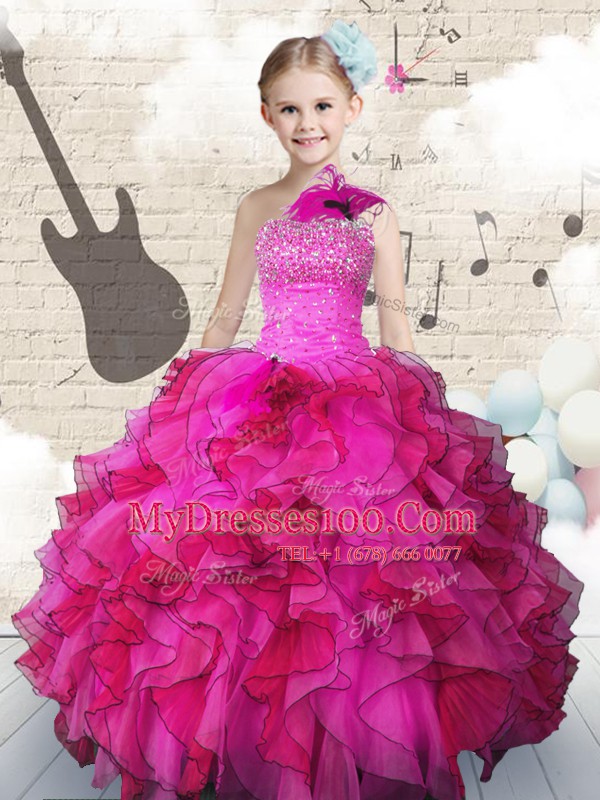 One Shoulder Hot Pink Organza Lace Up Child Pageant Dress Sleeveless Floor Length Beading and Ruffles