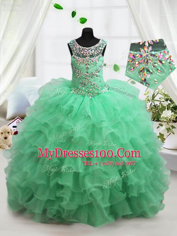 High End Scoop Sleeveless Lace Up Floor Length Beading and Ruffled Layers Girls Pageant Dresses