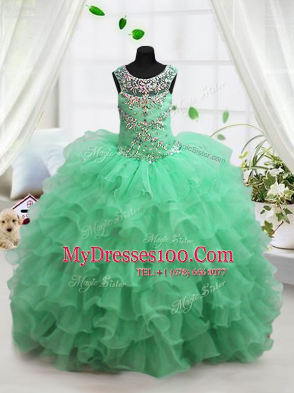 High End Scoop Sleeveless Lace Up Floor Length Beading and Ruffled Layers Girls Pageant Dresses