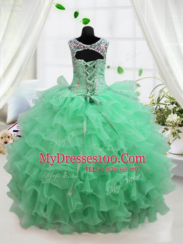 High End Scoop Sleeveless Lace Up Floor Length Beading and Ruffled Layers Girls Pageant Dresses