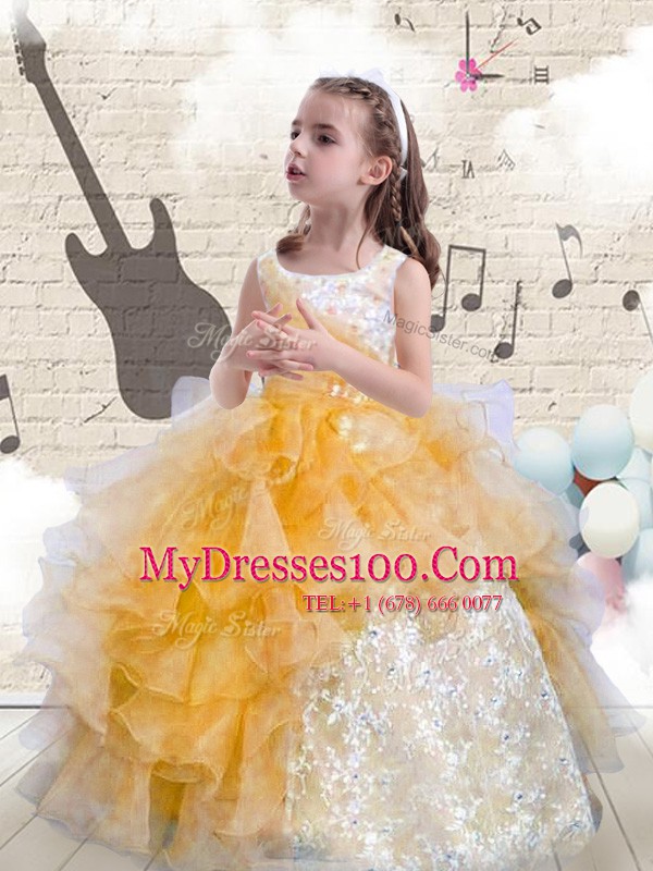 Fashionable Orange Organza Lace Up Scoop Sleeveless Floor Length Little Girls Pageant Dress Wholesale Beading and Ruffles