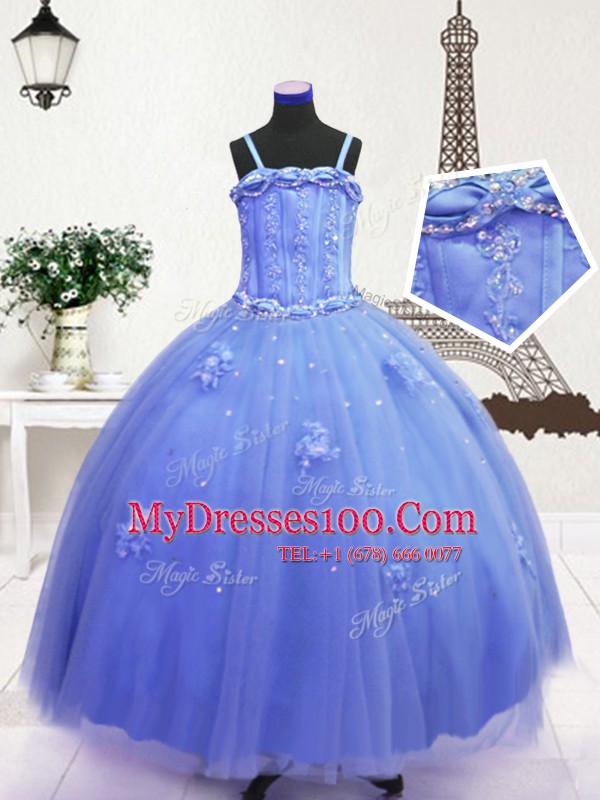 Elegant Blue Zipper Spaghetti Straps Beading and Hand Made Flower Kids Pageant Dress Tulle Sleeveless