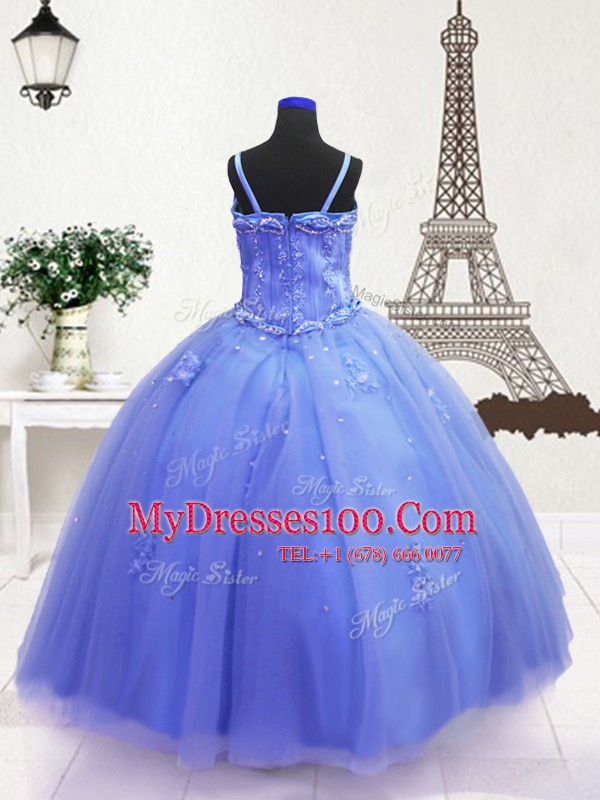 Elegant Blue Zipper Spaghetti Straps Beading and Hand Made Flower Kids Pageant Dress Tulle Sleeveless