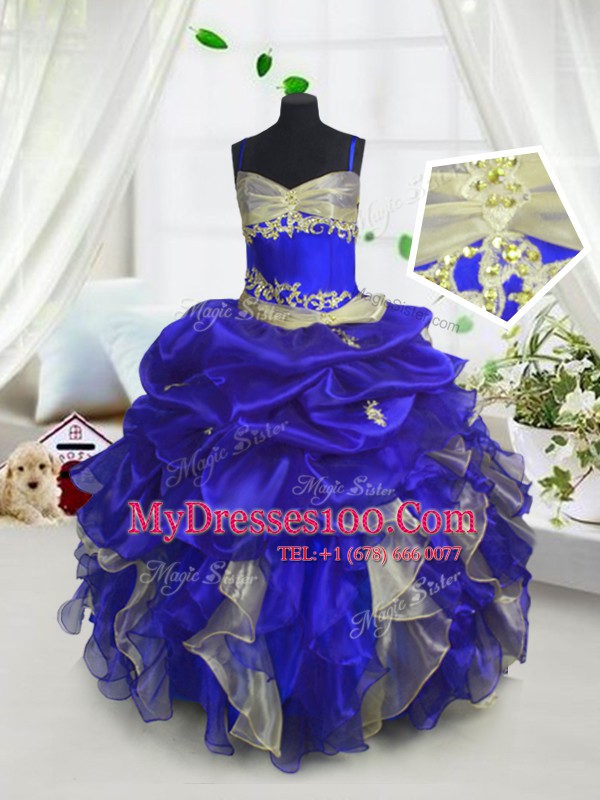 Royal Blue Lace Up Spaghetti Straps Beading and Ruffles and Pick Ups Toddler Flower Girl Dress Organza Sleeveless