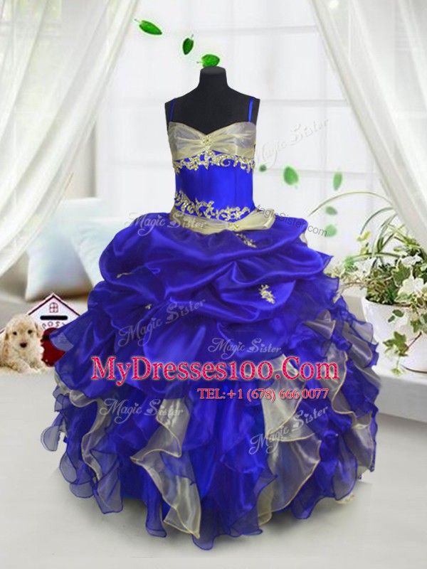 Royal Blue Lace Up Spaghetti Straps Beading and Ruffles and Pick Ups Toddler Flower Girl Dress Organza Sleeveless