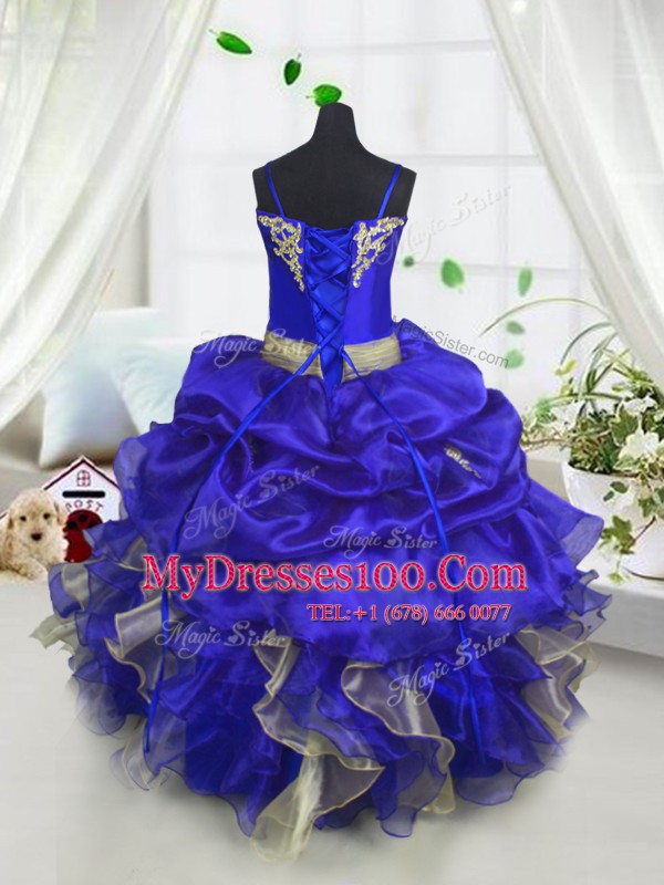 Royal Blue Lace Up Spaghetti Straps Beading and Ruffles and Pick Ups Toddler Flower Girl Dress Organza Sleeveless