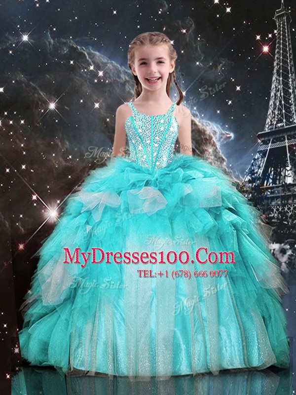 Aqua Blue Lace Up Spaghetti Straps Beading and Ruffles Little Girls Pageant Dress Wholesale Organza Sleeveless