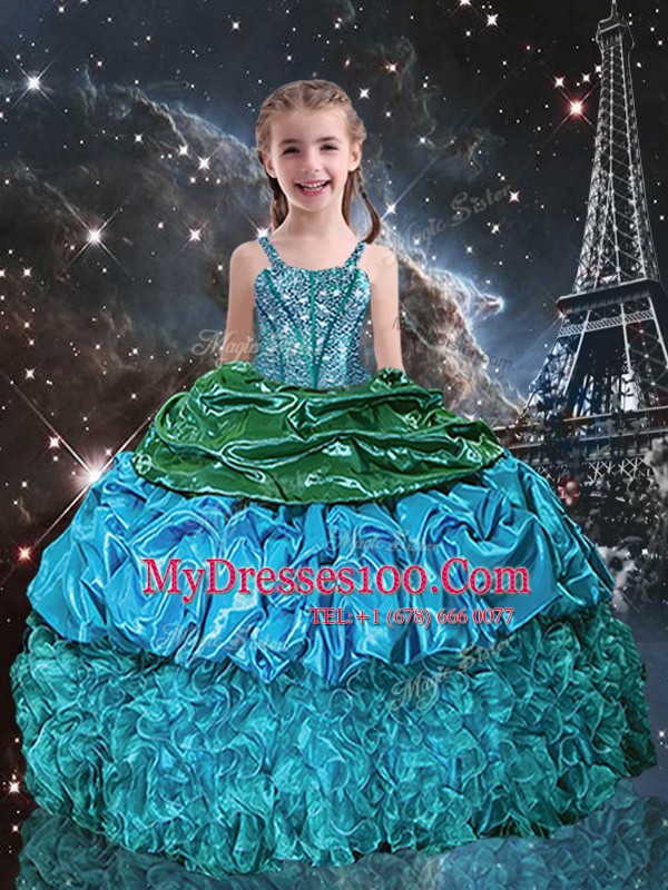 Exceptional Aqua Blue Organza Lace Up Spaghetti Straps Sleeveless Floor Length Little Girls Pageant Dress Beading and Ruffles and Pick Ups