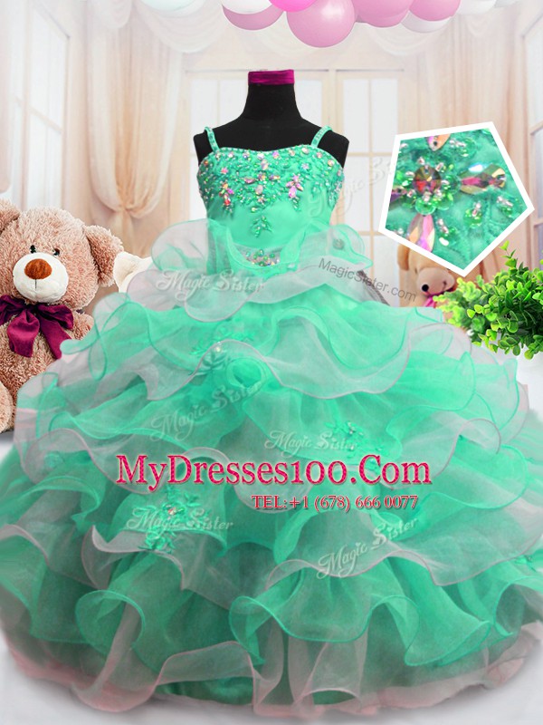Exceptional Sleeveless Floor Length Beading and Ruffled Layers Zipper Toddler Flower Girl Dress with Green