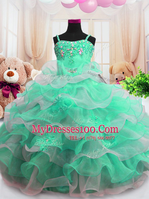 Exceptional Sleeveless Floor Length Beading and Ruffled Layers Zipper Toddler Flower Girl Dress with Green