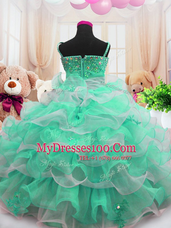 Exceptional Sleeveless Floor Length Beading and Ruffled Layers Zipper Toddler Flower Girl Dress with Green