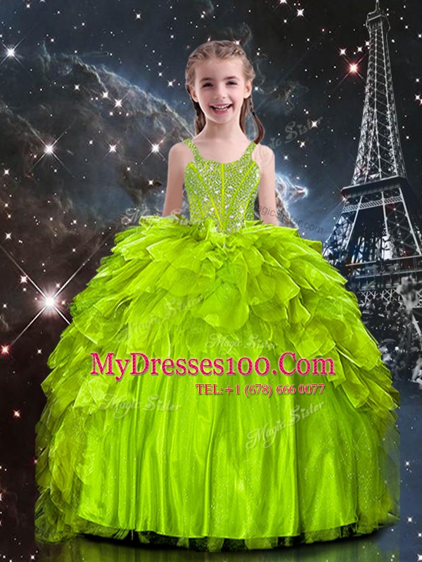 Custom Fit Spaghetti Straps Sleeveless Organza Child Pageant Dress Beading and Ruffles Lace Up