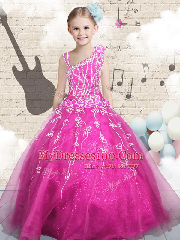 Sleeveless Tulle Floor Length Lace Up Child Pageant Dress in Hot Pink with Beading