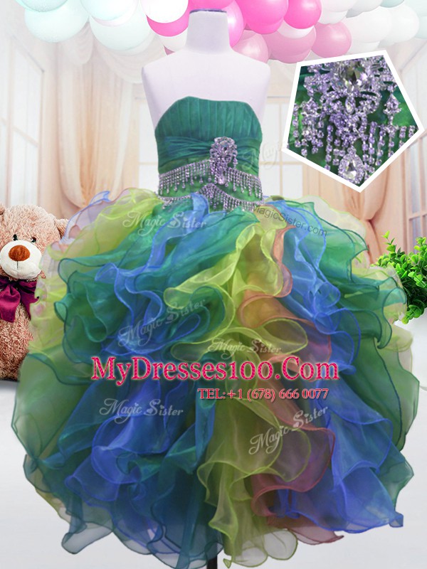 Hot Selling Multi-color Sleeveless Floor Length Beading and Ruffles Zipper Little Girl Pageant Gowns