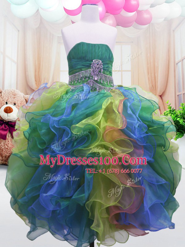 Hot Selling Multi-color Sleeveless Floor Length Beading and Ruffles Zipper Little Girl Pageant Gowns
