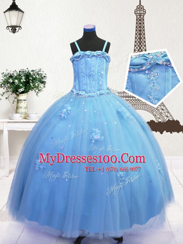 Trendy Baby Blue Ball Gowns Tulle Spaghetti Straps Sleeveless Beading and Appliques Floor Length Zipper Little Girl Pageant Dress