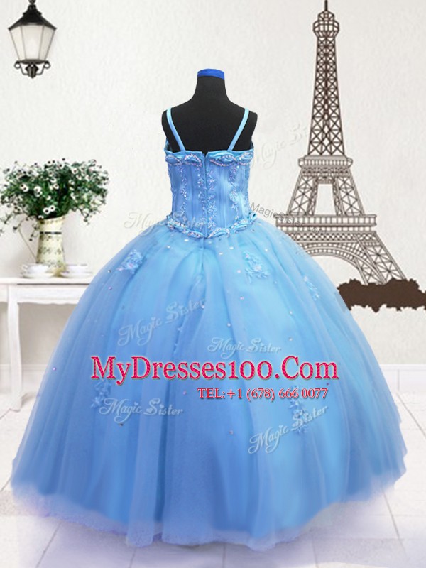 Trendy Baby Blue Ball Gowns Tulle Spaghetti Straps Sleeveless Beading and Appliques Floor Length Zipper Little Girl Pageant Dress
