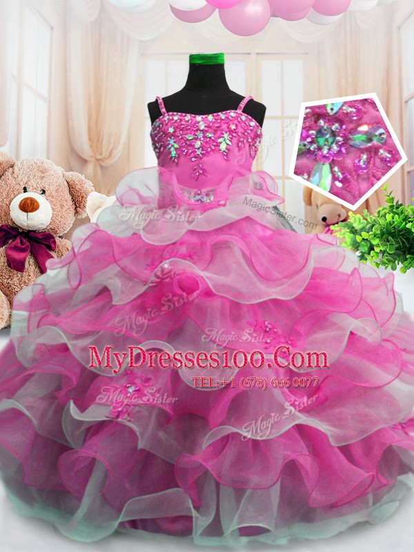Wonderful Hot Pink Zipper Spaghetti Straps Beading and Ruffled Layers Child Pageant Dress Organza Sleeveless