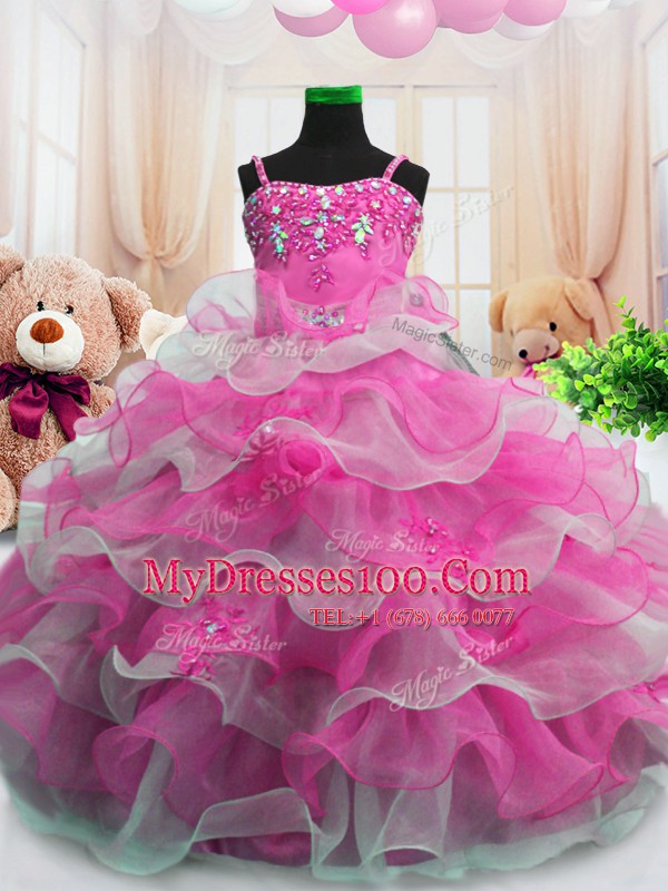 Wonderful Hot Pink Zipper Spaghetti Straps Beading and Ruffled Layers Child Pageant Dress Organza Sleeveless