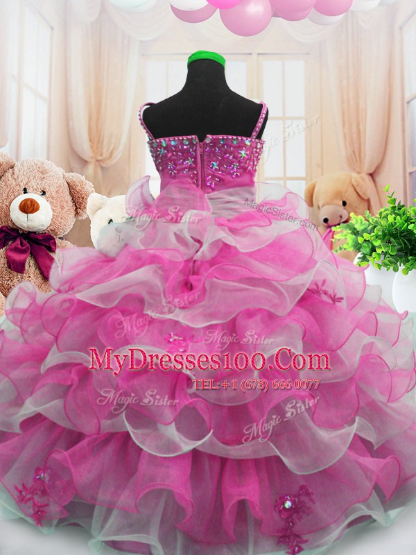 Wonderful Hot Pink Zipper Spaghetti Straps Beading and Ruffled Layers Child Pageant Dress Organza Sleeveless