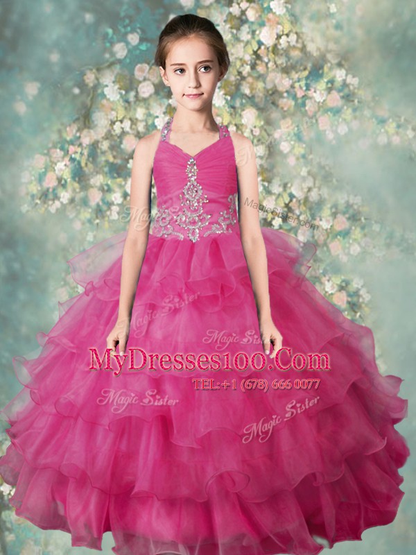 Fine Ruffled Floor Length Rose Pink Little Girl Pageant Gowns Halter Top Sleeveless Zipper