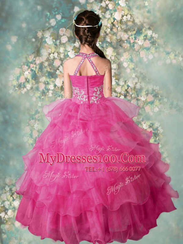 Fine Ruffled Floor Length Rose Pink Little Girl Pageant Gowns Halter Top Sleeveless Zipper