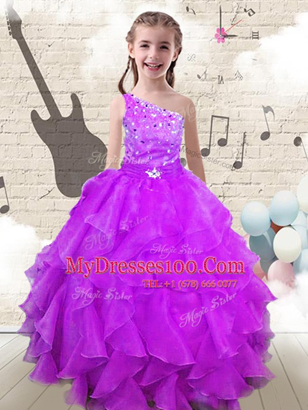 Floor Length Fuchsia Girls Pageant Dresses One Shoulder Sleeveless Lace Up