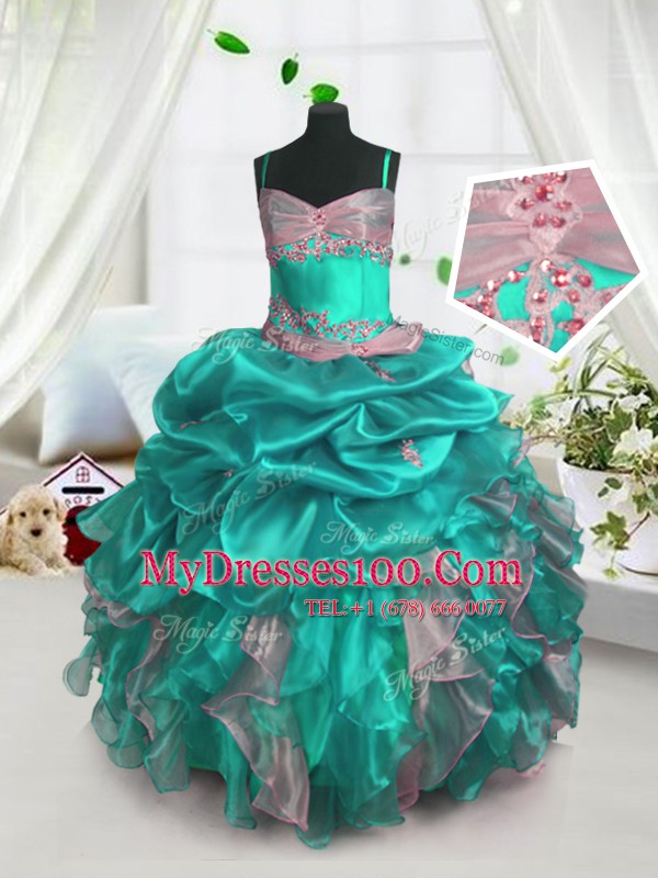 Suitable Pick Ups Floor Length Turquoise Flower Girl Dress Spaghetti Straps Sleeveless Lace Up