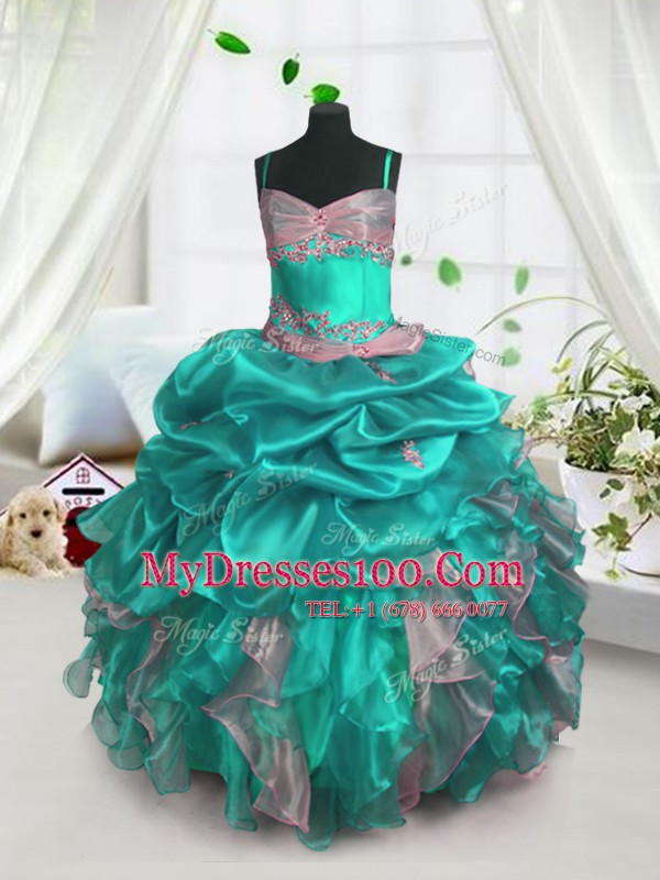 Suitable Pick Ups Floor Length Turquoise Flower Girl Dress Spaghetti Straps Sleeveless Lace Up