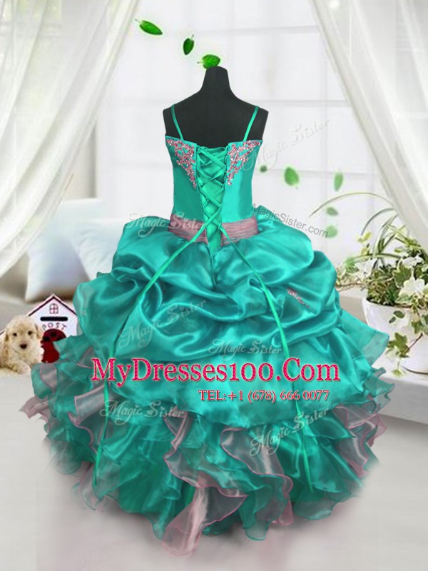 Suitable Pick Ups Floor Length Turquoise Flower Girl Dress Spaghetti Straps Sleeveless Lace Up
