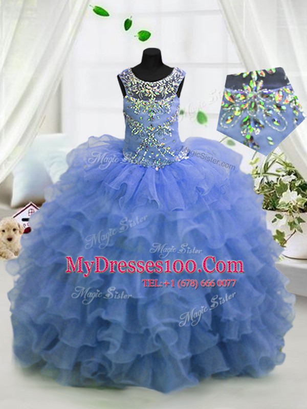 Extravagant Light Blue Scoop Lace Up Beading and Ruffled Layers Little Girl Pageant Gowns Sleeveless