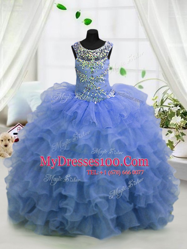 Extravagant Light Blue Scoop Lace Up Beading and Ruffled Layers Little Girl Pageant Gowns Sleeveless