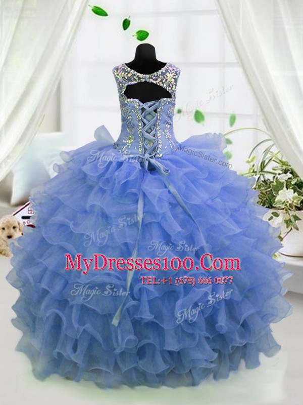 Extravagant Light Blue Scoop Lace Up Beading and Ruffled Layers Little Girl Pageant Gowns Sleeveless