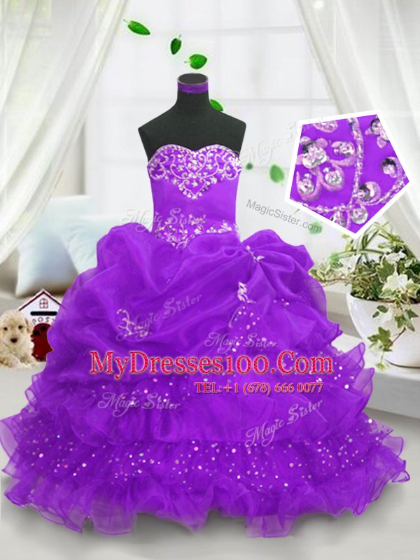 Fancy Floor Length Purple Flower Girl Dress Organza Sleeveless Beading and Ruffled Layers and Pick Ups