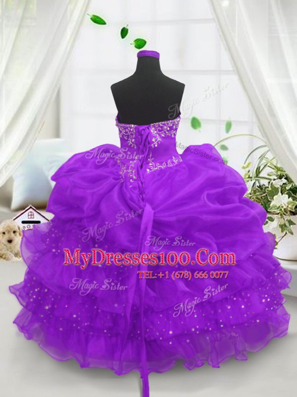 Fancy Floor Length Purple Flower Girl Dress Organza Sleeveless Beading and Ruffled Layers and Pick Ups
