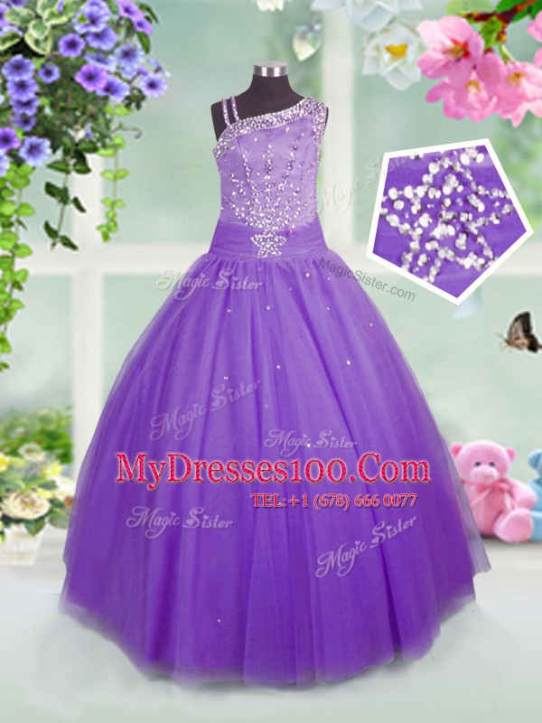 Glittering Lavender Ball Gowns Tulle Asymmetric Sleeveless Beading Floor Length Side Zipper Little Girl Pageant Gowns