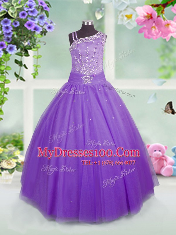 Glittering Lavender Ball Gowns Tulle Asymmetric Sleeveless Beading Floor Length Side Zipper Little Girl Pageant Gowns