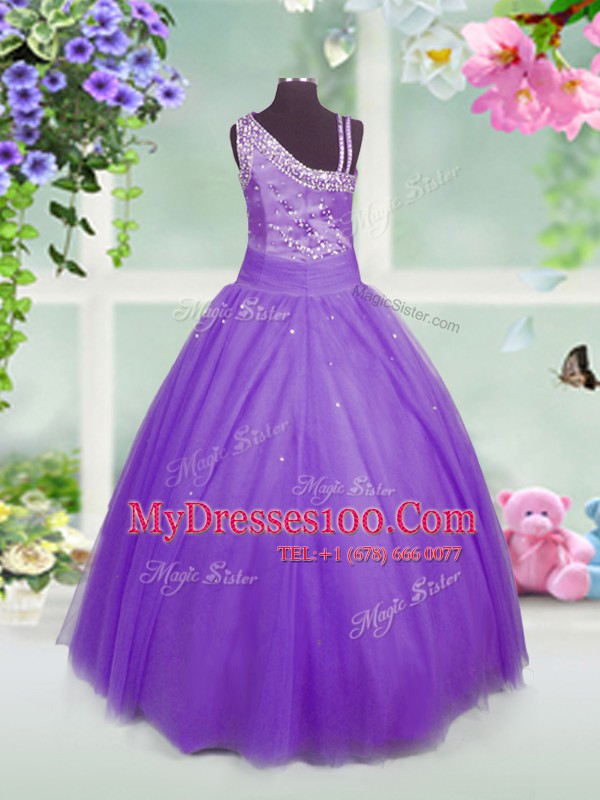 Glittering Lavender Ball Gowns Tulle Asymmetric Sleeveless Beading Floor Length Side Zipper Little Girl Pageant Gowns