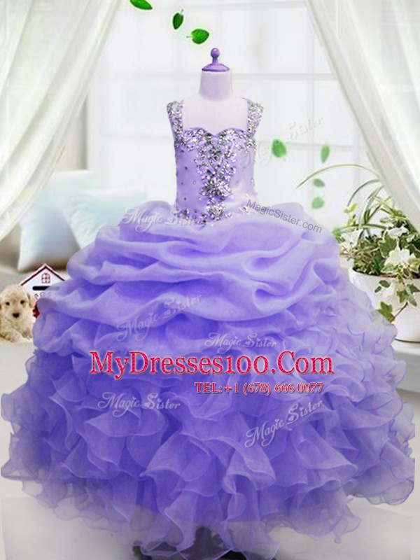 Fantastic Lavender Zipper Little Girl Pageant Dress Beading and Ruffles and Pick Ups Sleeveless Floor Length
