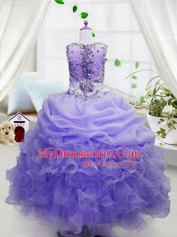 Fantastic Lavender Zipper Little Girl Pageant Dress Beading and Ruffles and Pick Ups Sleeveless Floor Length