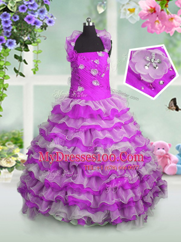 Inexpensive Ruffled Fuchsia Sleeveless Organza Lace Up Little Girls Pageant Gowns for Party and Wedding Party