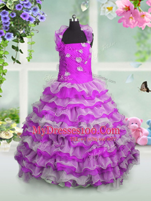 Inexpensive Ruffled Fuchsia Sleeveless Organza Lace Up Little Girls Pageant Gowns for Party and Wedding Party