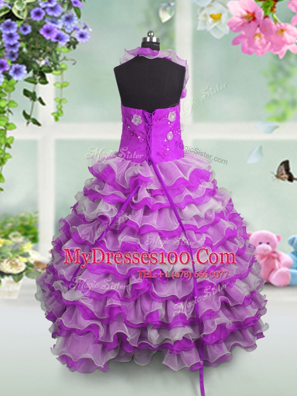 Inexpensive Ruffled Fuchsia Sleeveless Organza Lace Up Little Girls Pageant Gowns for Party and Wedding Party